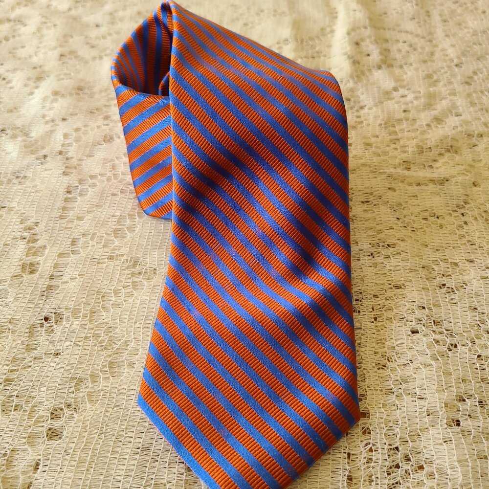 Eagle Shirtmakers Designer Tie – Orange/Blue Regimental Stripe 100% Silk-NWT